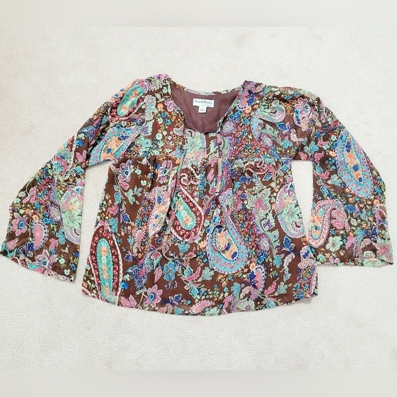 NorthStyle Women's Boho Paisley Blouse Size 6 Brown Multicolor Long Sleeve Top - Picture 6 of 11